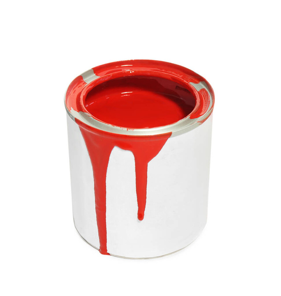 Can of red paint on white background - Фото, изображение