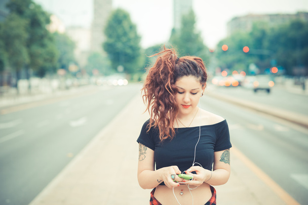 young beautiful hipster woman with red curly hair - Photo, Image