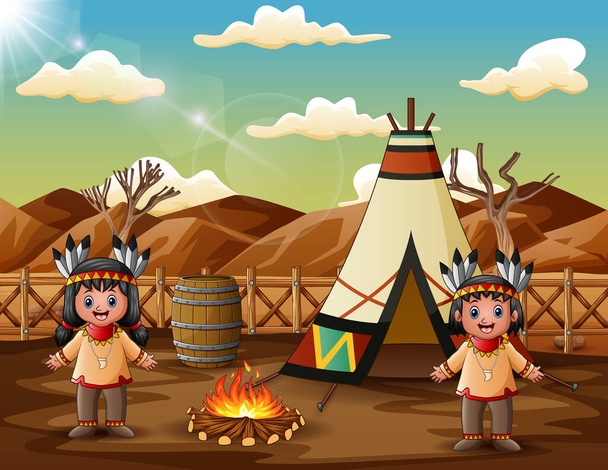 Deux Amérindiens dessin animé avec tipis dans l'emplacement tribal - Vecteur, image