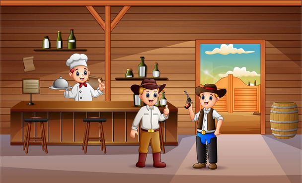 Two of armed men with bartenders behind counter in the bar - Vector, imagen