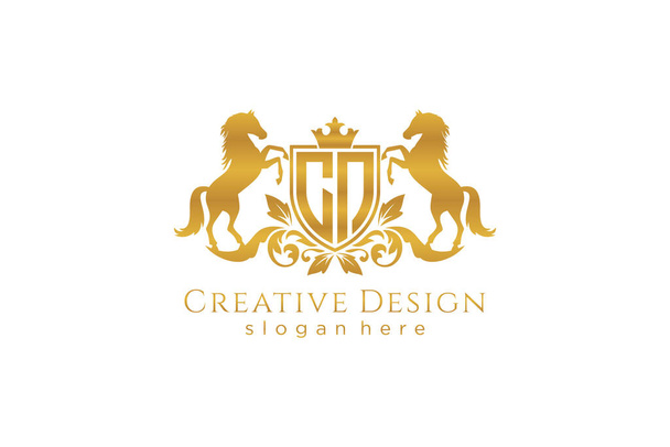 CN Retro crista dourada com escudo e dois cavalos, modelo de crachá com pergaminhos e coroa real - perfeito para projetos de marca de luxo - Vetor, Imagem