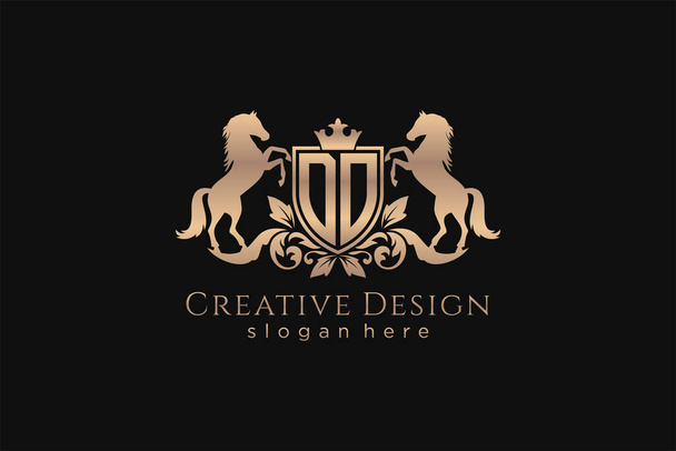 DO Retro golden crest with shield and two horses, badge template with scrolls and royal crown - perfect for luxurious branding projects - Vector, Image