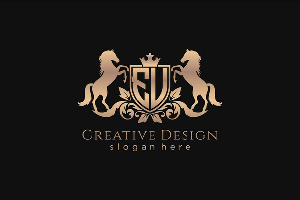 EU Retro crista dourada com escudo e dois cavalos, modelo de crachá com pergaminhos e coroa real - perfeito para projetos de marca de luxo - Vetor, Imagem