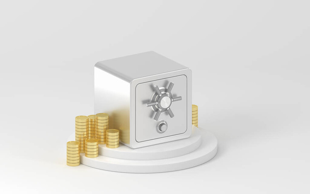 Cofre e moedas de ouro no palco, renderização 3d. Desenho digital de computador. - Foto, Imagem