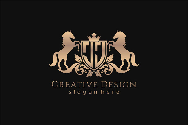 JJ Retro golden crest with shield and two horses, badge template with scrolls and royal crown - perfect for luxurious branding projects - Vector, Image