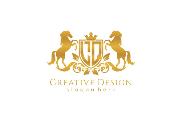 LQ Retro crista dourada com escudo e dois cavalos, modelo de crachá com pergaminhos e coroa real - perfeito para projetos de marca de luxo - Vetor, Imagem