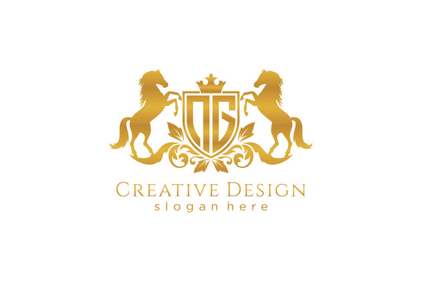 NG Retro crista dourada com escudo e dois cavalos, modelo de crachá com pergaminhos e coroa real - perfeito para projetos de marca de luxo - Vetor, Imagem