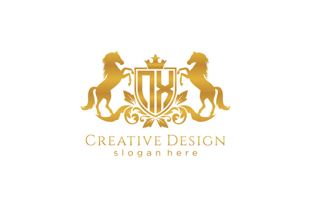 NX Retro golden crest with shield and two horses, badge template with scrolls and royal crown - perfect for luxurious branding projects - Vector, imagen