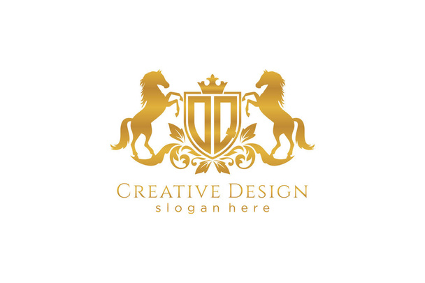 OQ Retro golden crest with shield and two horses, badge template with scrolls and royal crown - perfect for luxurious branding projects - Vector, imagen