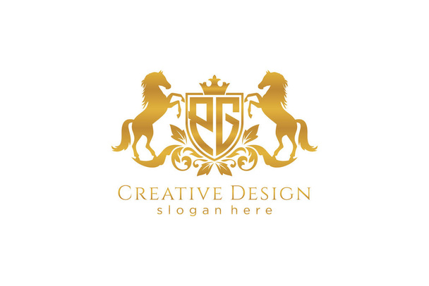 PG Retro crista dourada com escudo e dois cavalos, modelo de crachá com pergaminhos e coroa real - perfeito para projetos de marca de luxo - Vetor, Imagem