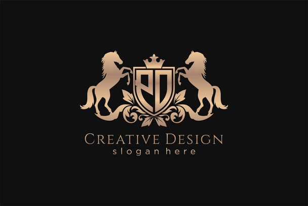 PO Retro golden crest with shield and two horses, badge template with scrolls and royal crown - perfect for luxurious branding projects - Vector, Image