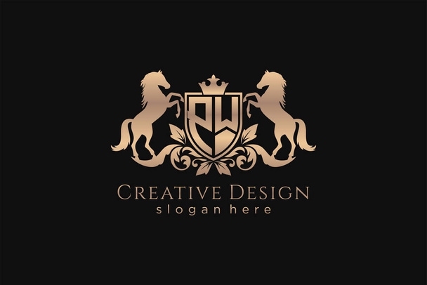 PW Retro golden crest with shield and two horses, badge template with scrolls and royal crown - perfect for luxurious branding projects - Vector, Imagen
