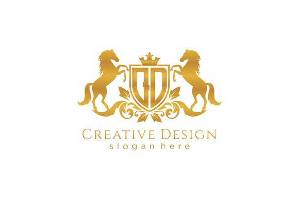 QD Retro golden crest with shield and two horses, badge template with scrolls and royal crown - perfect for luxurious branding projects - Vector, imagen