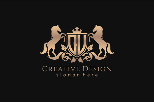 QU Retro crista dourada com escudo e dois cavalos, modelo de crachá com pergaminhos e coroa real - perfeito para projetos de marca de luxo - Vetor, Imagem