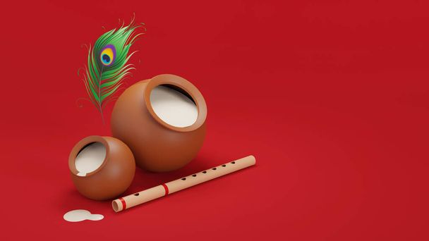 Janmashtami Hindu festival. Dahi handi, bansuri and peacock feather on a red surface with copy space. 3D rendering illustration. - 写真・画像