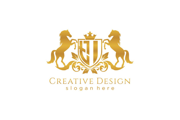 TI Retro golden crest with shield and two horses, badge template with scrolls and royal crown - perfect for luxurious branding projects - Vector, imagen