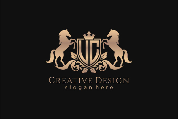 UC Retro golden crest with shield and two horses, badge template with scrolls and royal crown - perfect for luxurious branding projects - Vector, Imagen