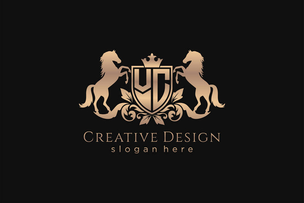 VC Retro golden crest with shield and two horses, badge template with scrolls and royal crown - perfect for luxurious branding projects - Vector, Image