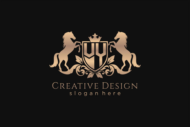 VY Retro crista dourada com escudo e dois cavalos, modelo de crachá com pergaminhos e coroa real - perfeito para projetos de marca de luxo - Vetor, Imagem