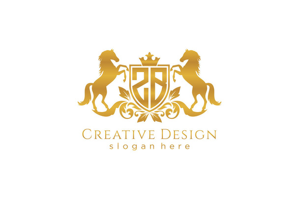 ZB Retro crista dourada com escudo e dois cavalos, modelo de crachá com pergaminhos e coroa real - perfeito para projetos de marca de luxo - Vetor, Imagem