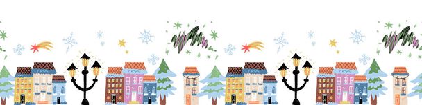 Huizen in de sneeuw, gezellige buitenkant op kerstavond, winter stadsgezicht naadloze grens. Oude Europese gevels. - Vector, afbeelding