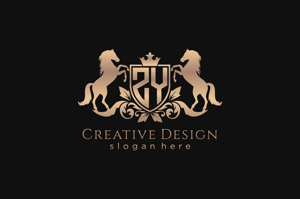 ZY Retro golden crest with shield and two horses, badge template with scrolls and royal crown - perfect for luxurious branding projects - Vector, imagen