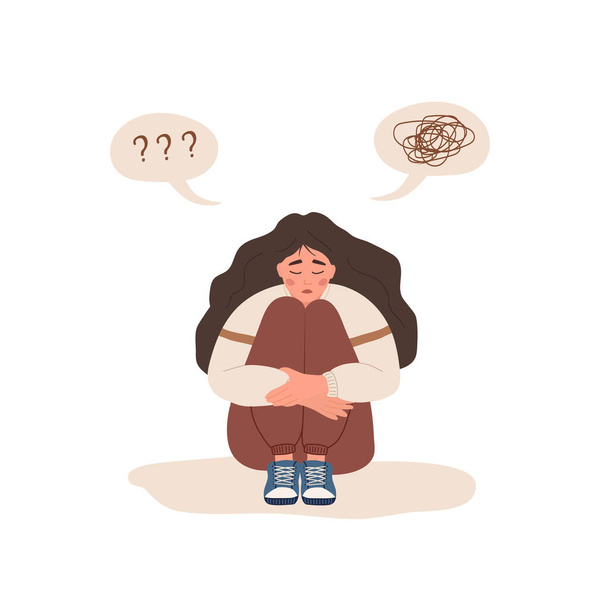 Mental health concept. Lonely woman sitting on floor and hugging knees. Depressed teenager needs psychological help. Mood disorder. Vector illustration in cartoon style - Vector, Image