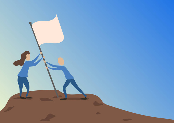 Man And Woman Drawing Standing Setting Up Flag On Peak Of Mountain. Colleagues Design Sticking Banner Pole Hill Top Showing Goals Reached Through Teamwork. - Vector, Image