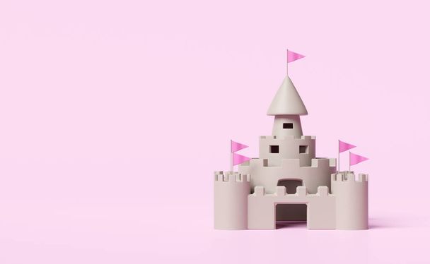 Sandburg mit Türmen, Festung, Toren und Fahnen isoliert auf rosa Hintergrund. Sommerferienkonzept, 3D-Illustration oder 3D-Render - Foto, Bild