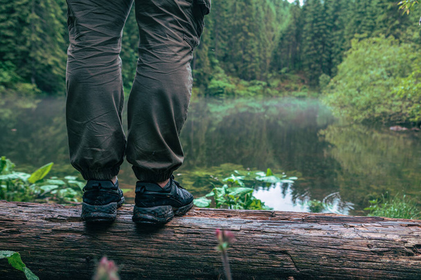 hiking concept wet legs in sneakers near lake in forest copy space - Φωτογραφία, εικόνα