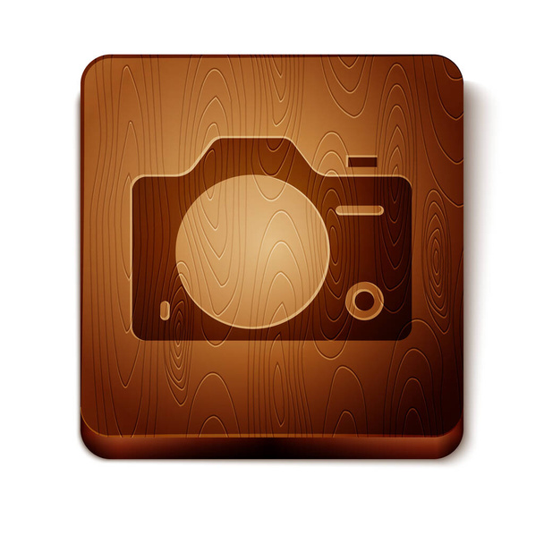 Icône appareil photo brun isolé sur fond blanc. Caméra photo. Photographie numérique. Bouton carré en bois. Vecteur - Vecteur, image