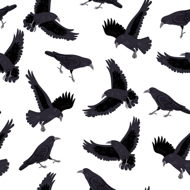 Seamless pattern with crows on a white background. Vector image. - Vettoriali, immagini