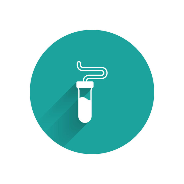 White Test tube and flask chemical laboratory test icon isolated with long shadow background. Laboratory glassware sign. Green circle button. Vector - Vecteur, image
