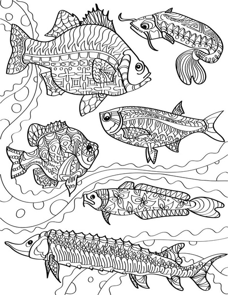 Διαφορετικά ψάρια του ωκεανού που κολυμπούν ενάντια στο πολύχρωμο σχέδιο γραμμών Currents. Κοινότητα των ψαριών κολυμπά κάτω από το επίπεδο της θάλασσας Coloring Book Page. - Διάνυσμα, εικόνα