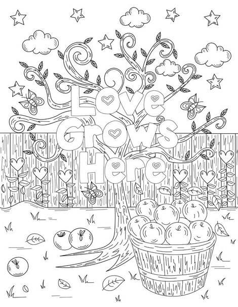 Apple Tree Рядом с букетом плодов Листья облаков Бесцветный рисунок линии. Книжная страница раскраски фруктовой корзины. - Вектор,изображение