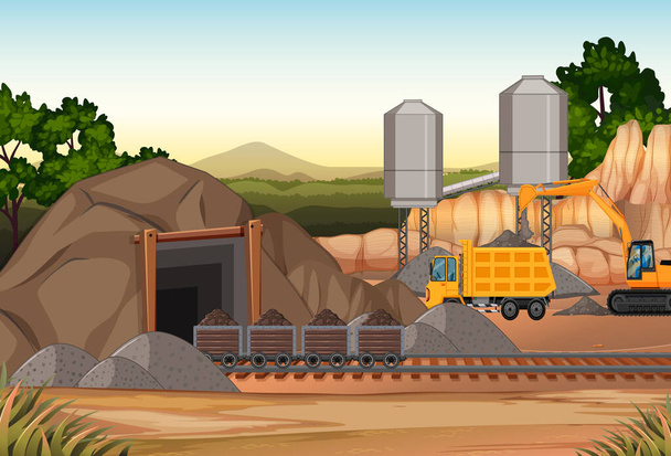 Landscape of coal mining scene with crane and trucks illustration - Vector, Image