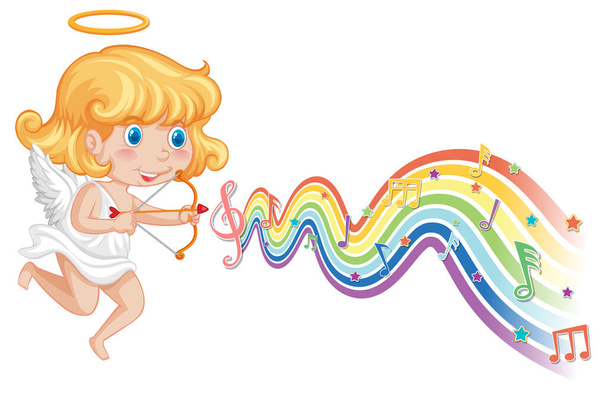 Cupid girl with melody symbols on rainbow wave illustration - Wektor, obraz