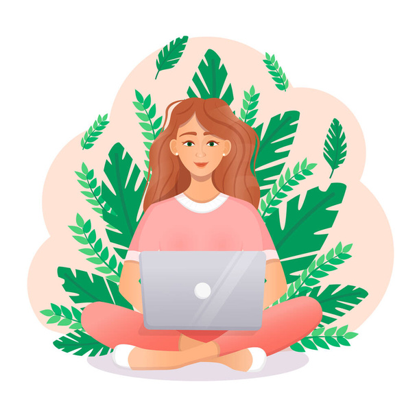 Söpö punatukkainen nainen istuu kannettavan tietokoneen ääressä istuessaan luonnossa. Tasainen vektori esimerkki freelance, työ kotona, työ, toimisto, koulutus. Etätyö ja viestintä sosiaalisissa verkostoissa. - Vektori, kuva