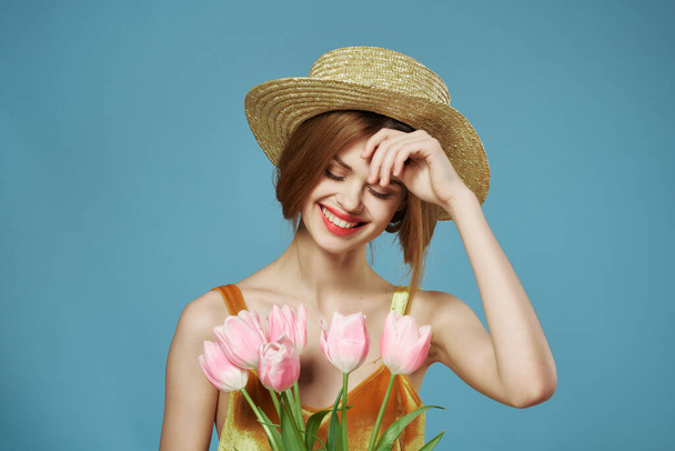 cheerful woman in a dress with a bouquet of flowers romance gift lifestyle - Photo, Image