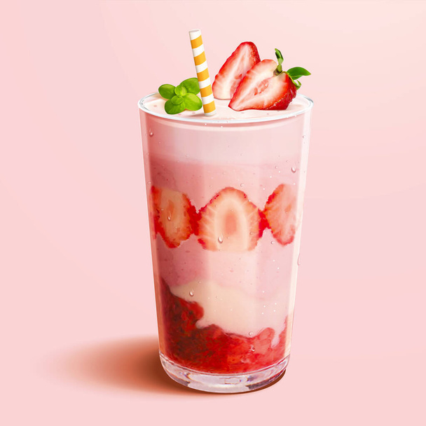 A glass of strawberry yogurt smoothie or milkshake in 3d illustration on pink background - Vecteur, image