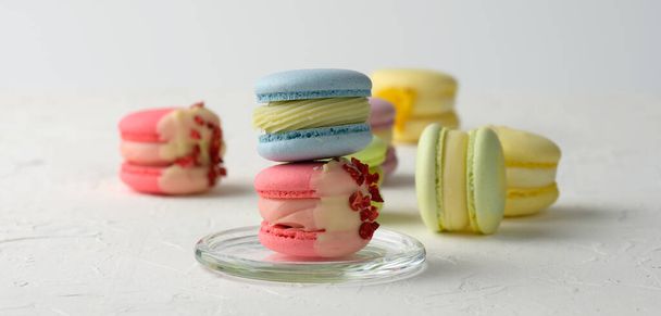 baked macarons on a white table, gourmet almond flour dessert, close up - Photo, Image