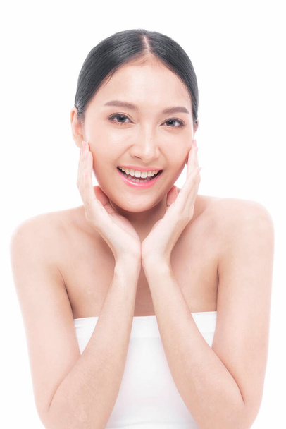 Beautiful young Asian woman with clean skin , Fresh skin , on white background - Facial treatment , Cosmetology , beauty and spa concept  - 写真・画像