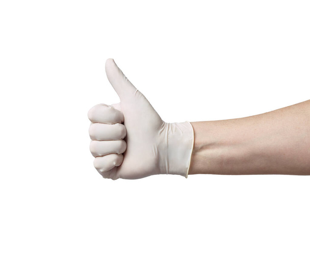 guante de látex mano pulgar hacia arriba protección virus corona enfermedad epidemia coronavirus higiene médica - Foto, Imagen