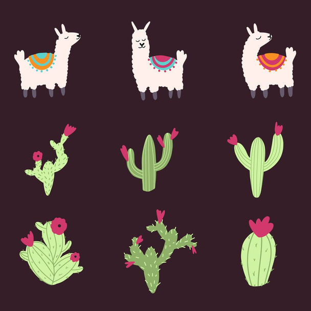 Conjunto de vector lindo lama y cactus en caricatura dibujado a mano estilo infantil. Personaje animal divertido para vivero, ropa de bebé, textil y diseño de productos, papel pintado, papel de envolver, tarjeta, scrapbooking - Vector, Imagen