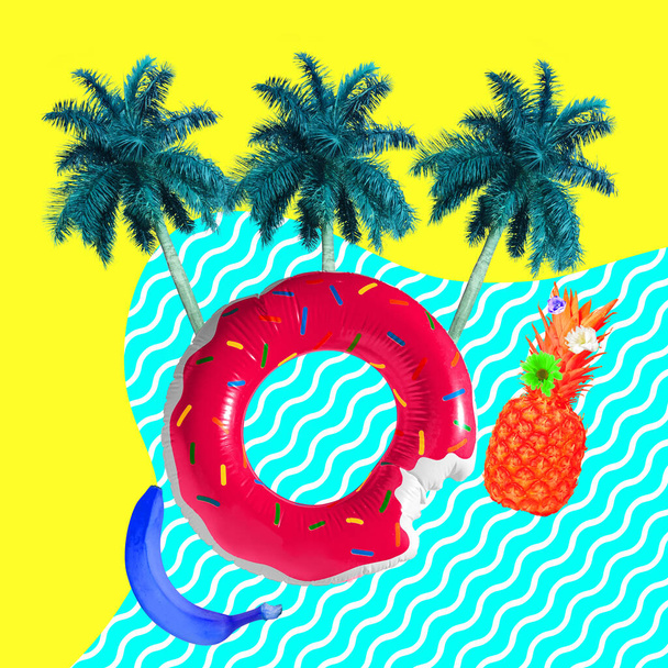 Funny artwork. Creative composition with palms, fruit and swimming circle. Summer mood, vacation, holiday concept - Zdjęcie, obraz