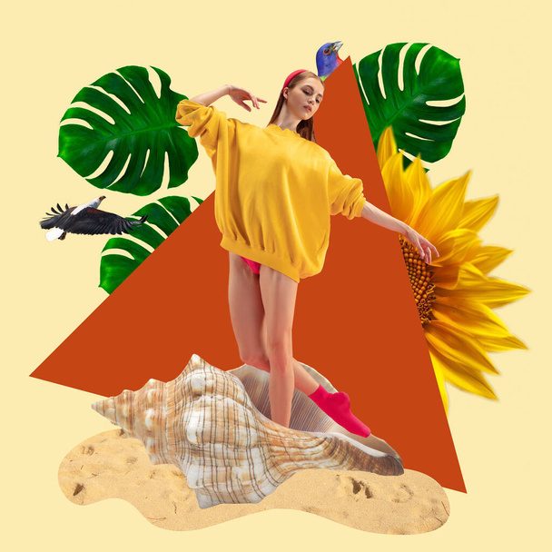 Contemporary art collage. Unity with nature. Young female dancer in orange triangle. - Foto, afbeelding