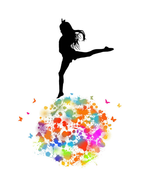 多色のボールに抽象的なシルエットの女の子体操選手。虹の蝶。ベクターイラスト - ベクター画像