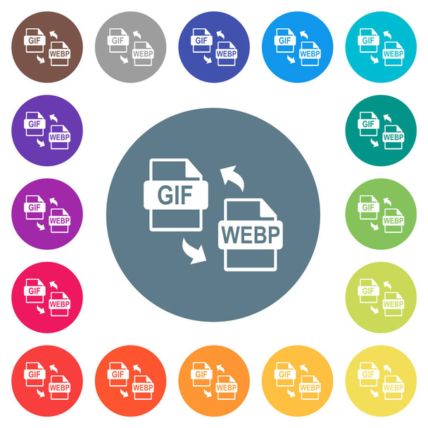 GIF WEBP soubor konverze ploché bílé ikony na kulaté barevné pozadí. 17 variant barev na pozadí jsou zahrnuty. - Vektor, obrázek