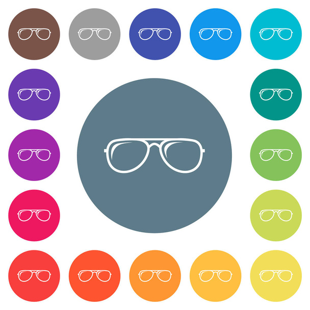 丸い色の背景に光沢フラットホワイトのアイコンを持つメガネ。17種類の背景色が含まれています. - ベクター画像