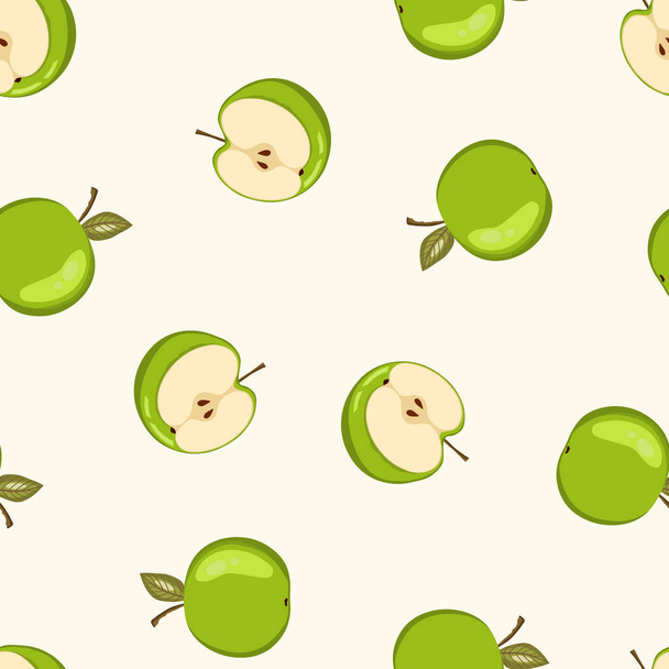 Seamless pattern with apple on white background. Natural delicious fresh ripe fruit. Vector illustration for print, fabric, textile, banner, other design. Stylized apples with leaves. Food concept - Vector, imagen